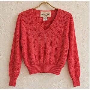 Vintage Wilroy Traveller Women M Coral Pointelle Open Knit V Neck Sweater 70s